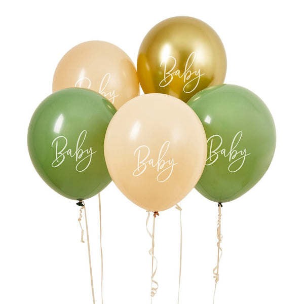 Sage, Nude & Gold Baby Balloons - 5 pack