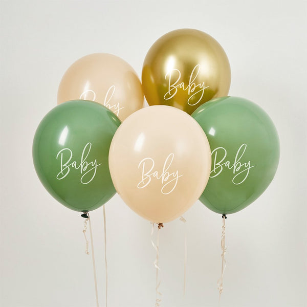 Sage, Nude & Gold Baby Balloons - 5 pack