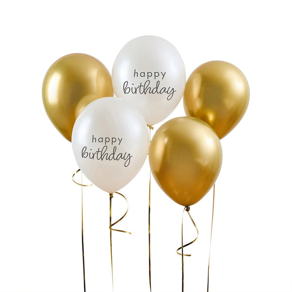 Gold & Pearl Happy Birthday 12" Latex Balloons - pack of 5