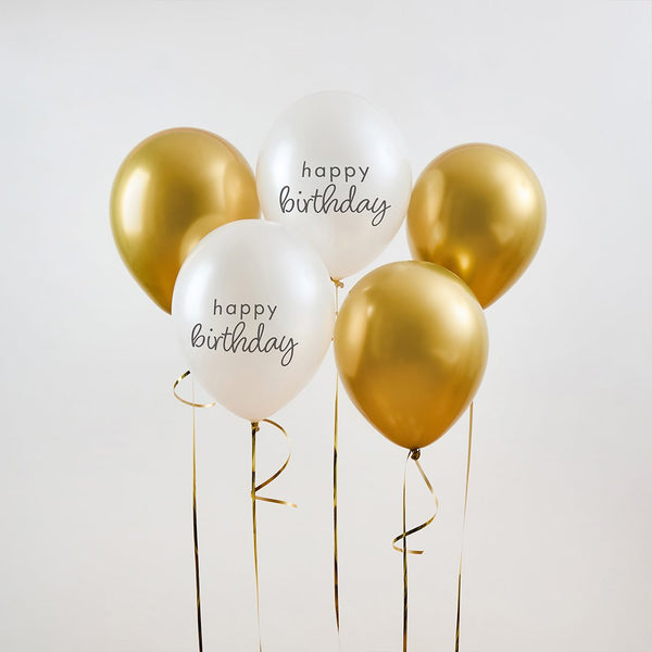 Gold & Pearl Happy Birthday 12" Latex Balloons - pack of 5