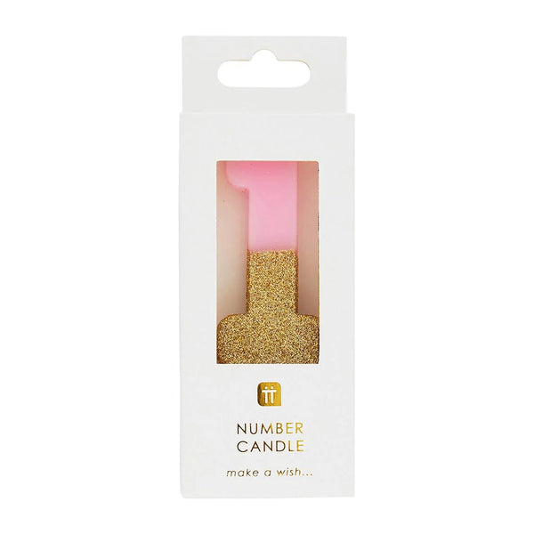 Pink Glitter Dipped Candle - Number 1