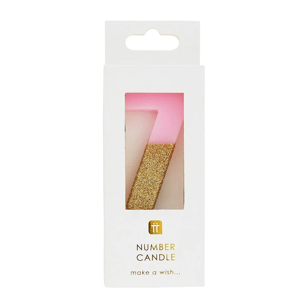 Pink Glitter Dipped Candle - Number 7