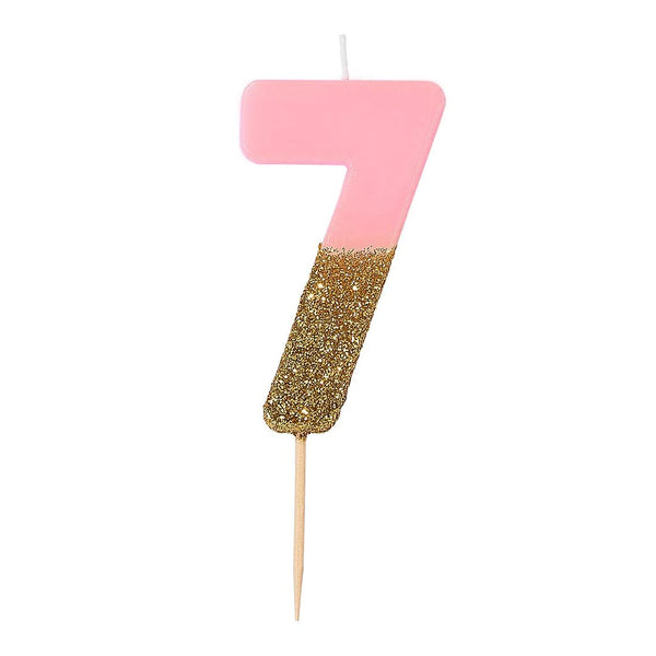 Pink Glitter Dipped Candle - Number 7