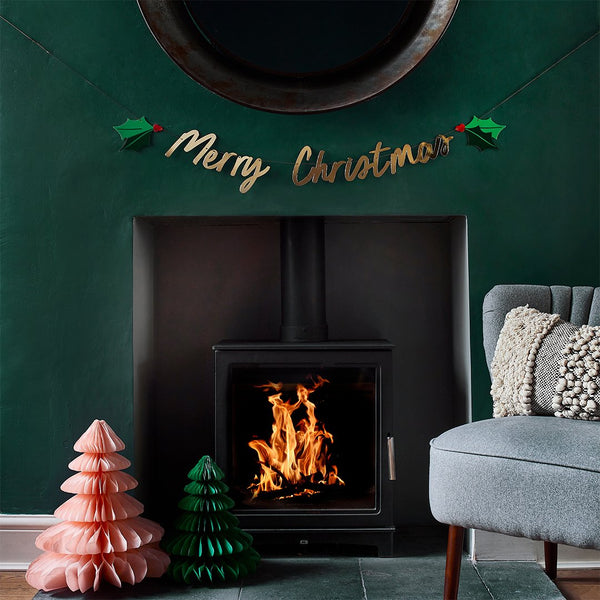 Gold Merry Christmas Holly Banner 2M