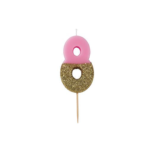 Pink Glitter Dipped Candle - Number 8