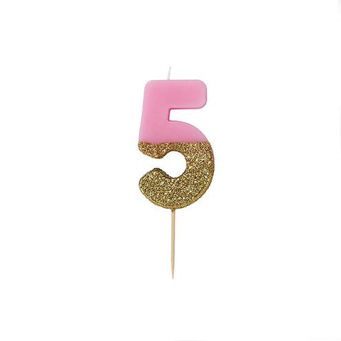Pink Glitter Dipped Candle - Number 5