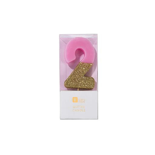 Pink Glitter Dipped Candle - Number 2