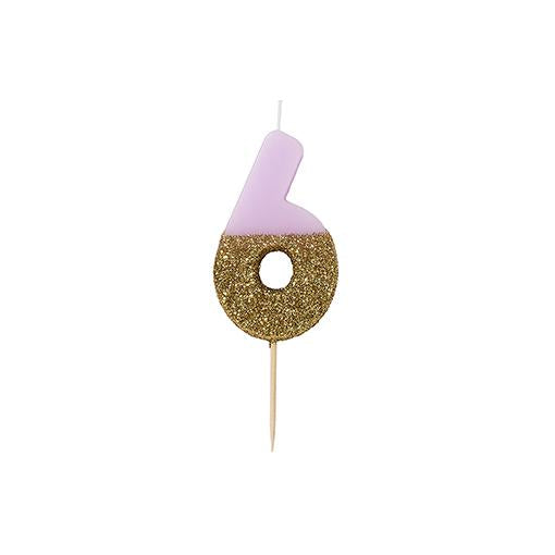 Pink Glitter Dipped Candle - Number 6