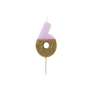 Pink Glitter Dipped Candle - Number 6