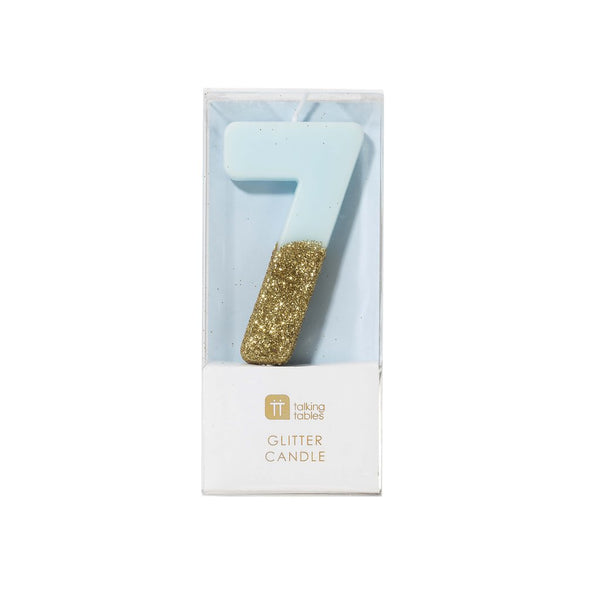 Blue Glitter Dipped Candle - Number 7