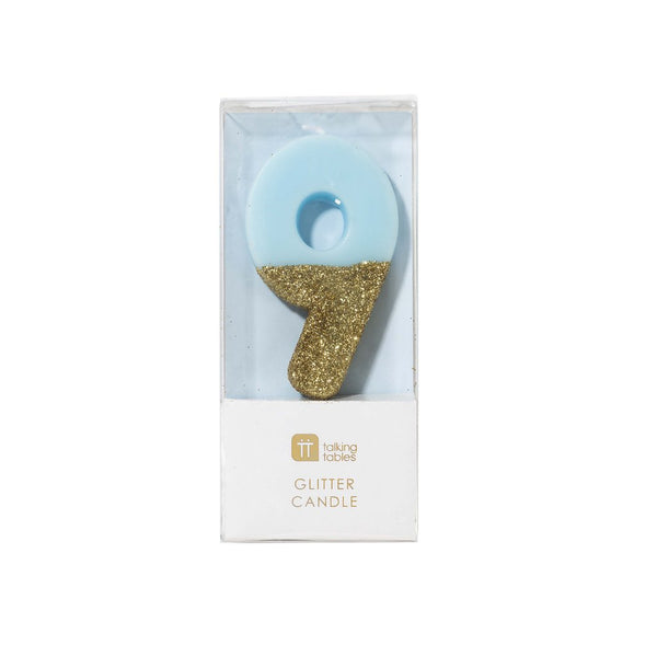 Blue Glitter Dipped Candle - Number 9