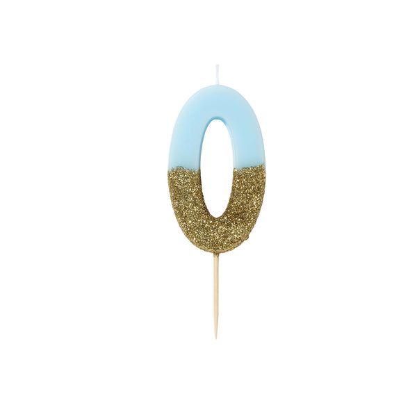Blue Glitter Dipped Candle - Number 0