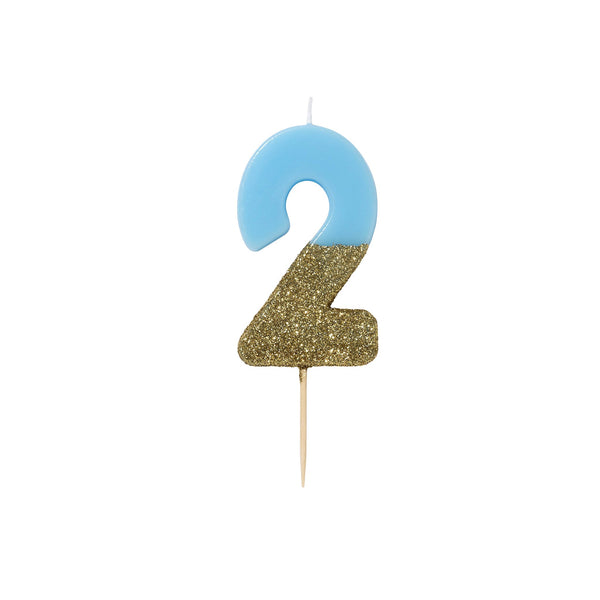 Blue Glitter Dipped Candle - Number 2