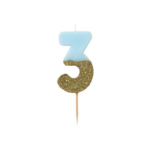 Blue Glitter Dipped Candle - Number 3