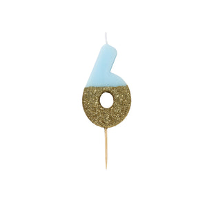 Blue Glitter Dipped Candle - Number 6