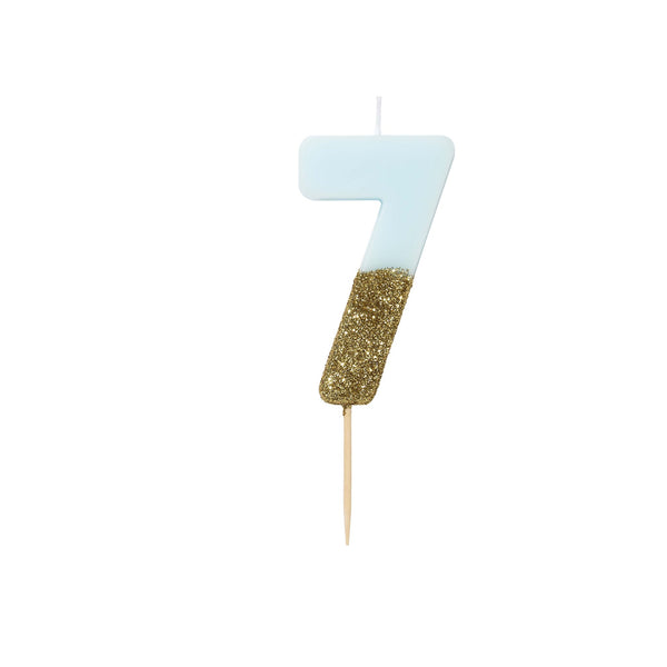 Blue Glitter Dipped Candle - Number 7
