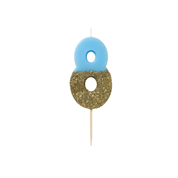 Blue Glitter Dipped Candle - Number 8