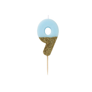 Blue Glitter Dipped Candle - Number 9