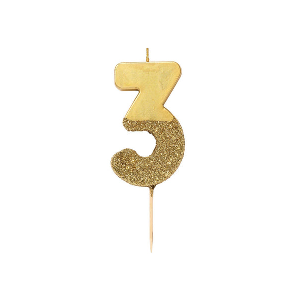 Gold Glitter Dipped Candle - Number 3