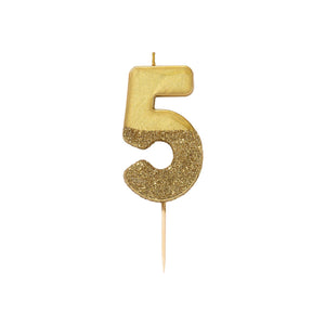 Gold Glitter Dipped Candle - Number 5