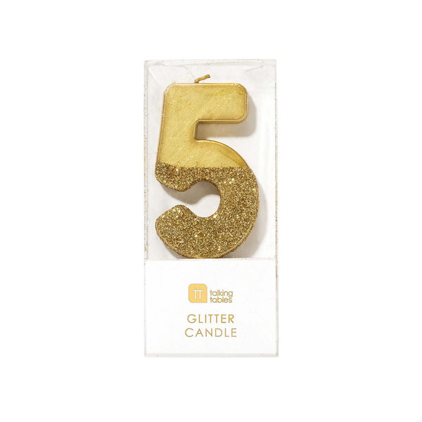Gold Glitter Dipped Candle - Number 5