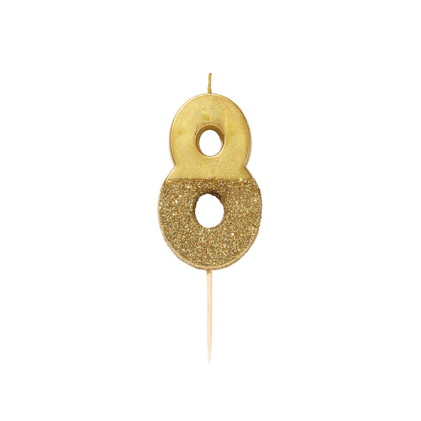 Gold Glitter Dipped Candle - Number 8