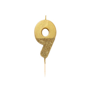 Gold Glitter Dipped Candle - Number 9