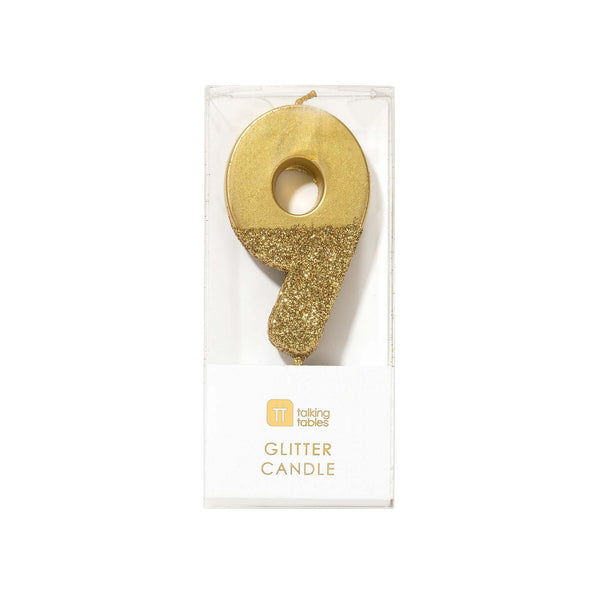 Gold Glitter Dipped Candle - Number 9