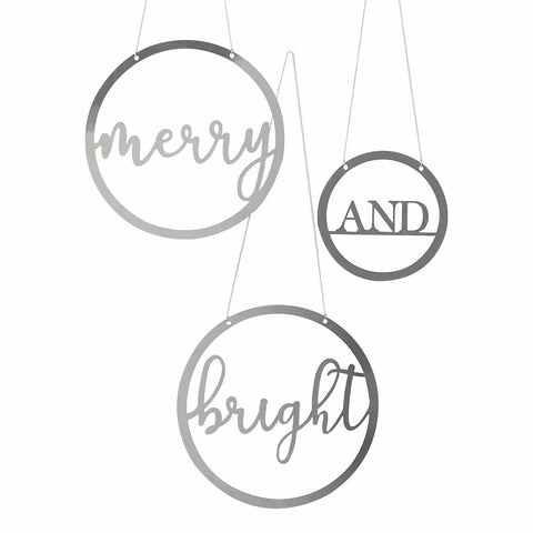 Silver Acrylic Merry And Bright Christmas Hanging Decorations