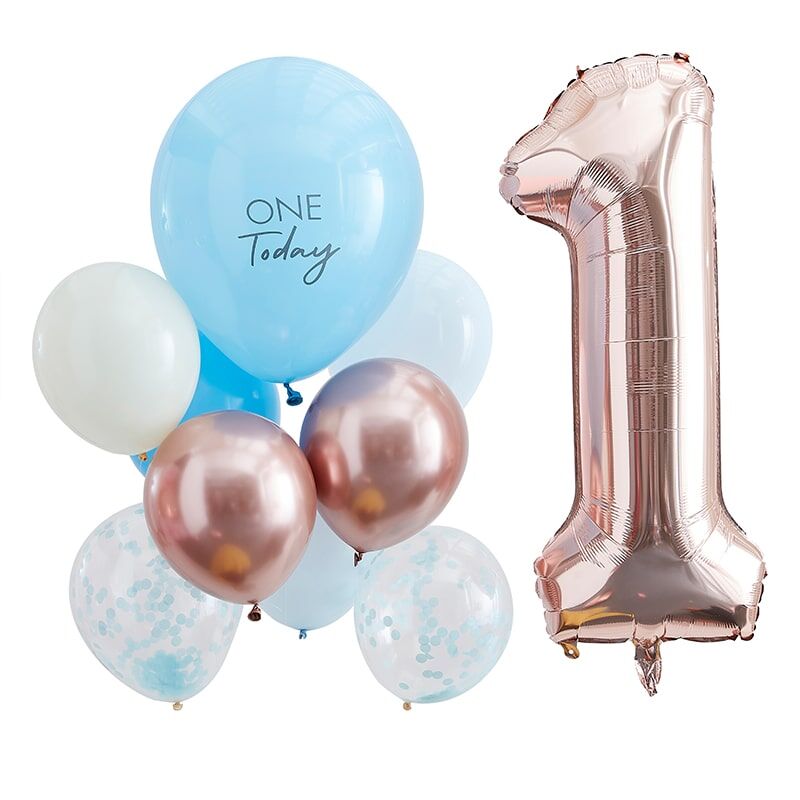 Blue And Rose Gold First Birthday Balloons