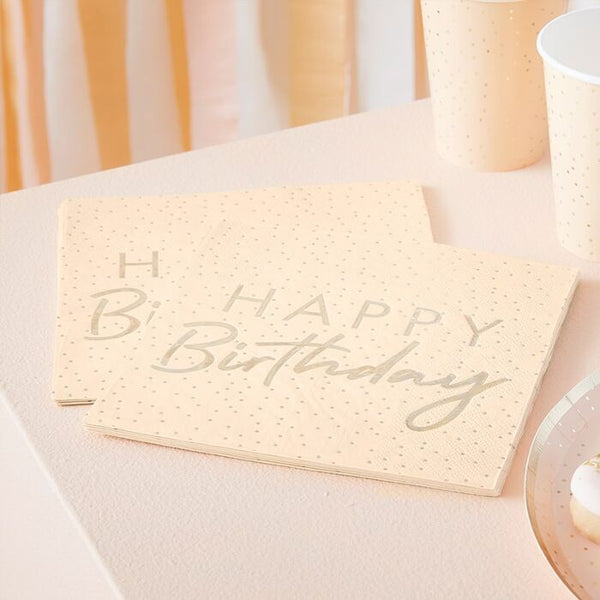 Peach And Gold Happy Birthday Paper Napkins