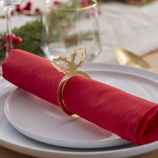 Gold Acrylic Holly Napkin Ring Holders